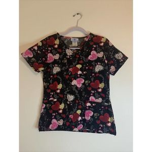 SB Scrubs Black Multi-Color Love Heart V-Neck Scrub Top Medical Uniform XS
